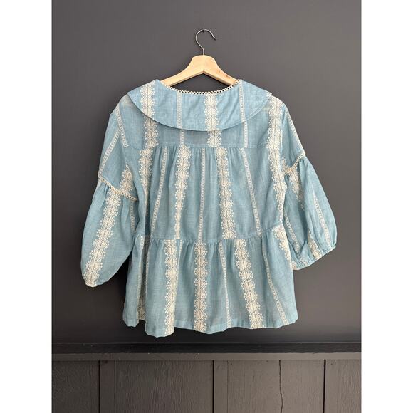 Listicle Head in the Clouds Embroidered Button Front Blouse Top Blue NEW Large - Picture 8 of 12